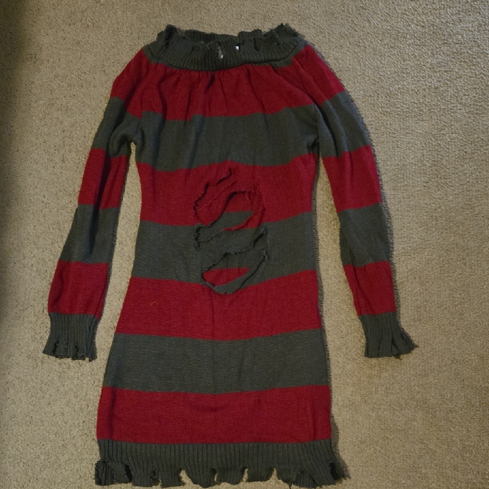A Nightmare On Elm Stret Red and Gray Striped Sweater Dress Costume Size Medium